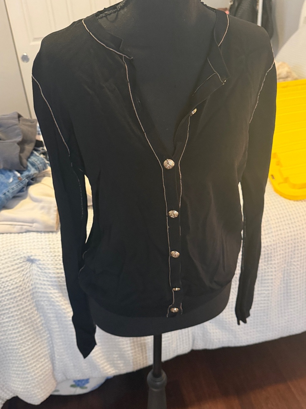 Zara Black Button-Front Lightweight Cardigan with Contrast Stitching